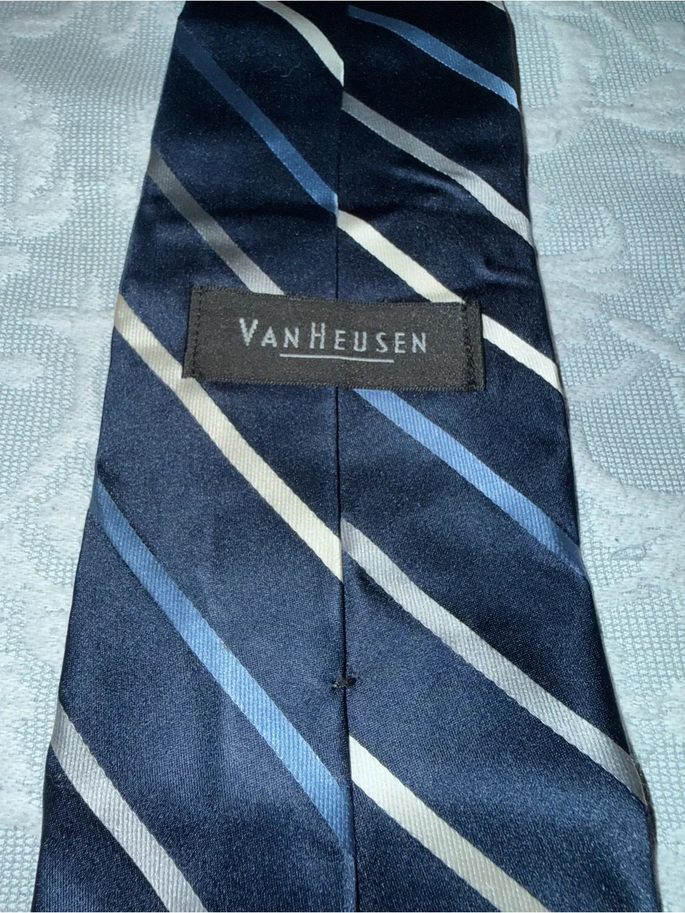 Van Heusen Navy Tie with Beige and Gray Stripes